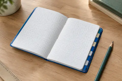 Répertoire de poche bleu ouvert sur ses pages à petits carreaux, avec des touches alphabétiques bicolores.