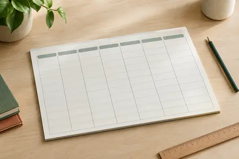 Sous-main semainier blanc à feuilles détachables posé sur une table en bois clair avec un crayon.