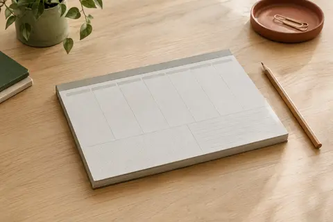Bloc semainier gris en papier posé sur une table en bois clair avec un crayon à côté