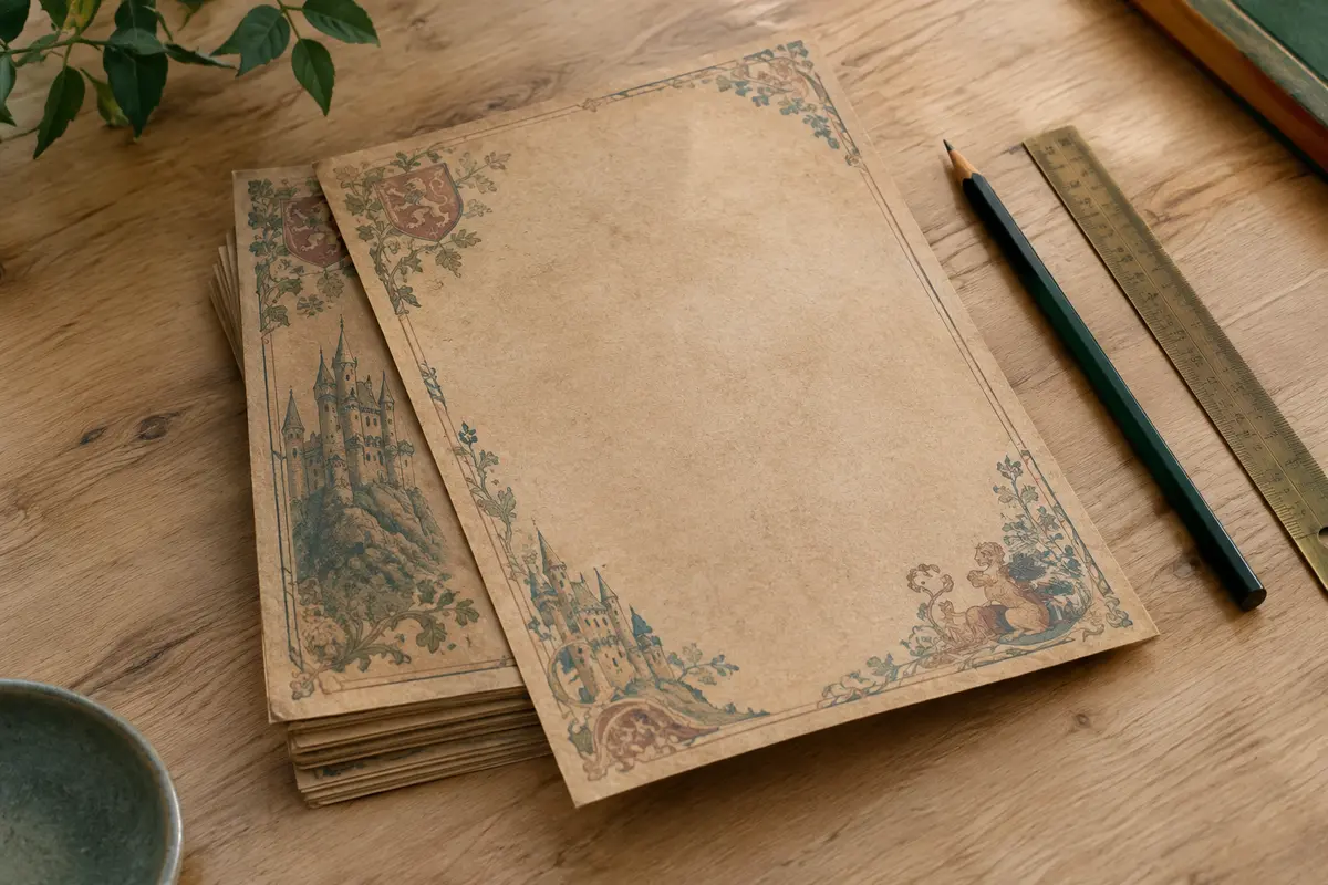 Feuilles A4 brunes au décor médiéval vintage, posées sur une table en bois clair avec un crayon
