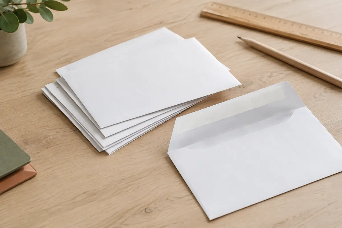 Enveloppes blanches C6 en papier, dont une ouverte laissant voir sa patte auto-adhésive protégée