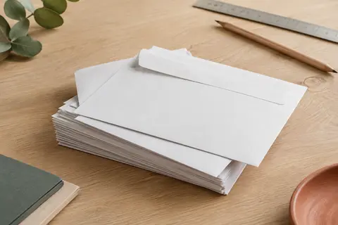 Enveloppes blanches C6 autoadhésives empilées sur une table en bois clair.