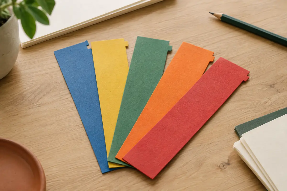 Intercalaires en papier épais recyclé, disposés en éventail dans cinq couleurs vives sur une table en bois clair.