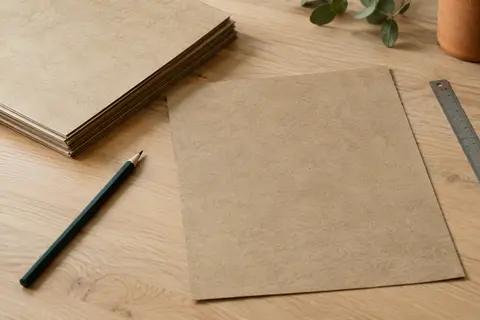 Feuilles de papier à lettres vintage posées sur une table claire, près d’un crayon et d’une règle.