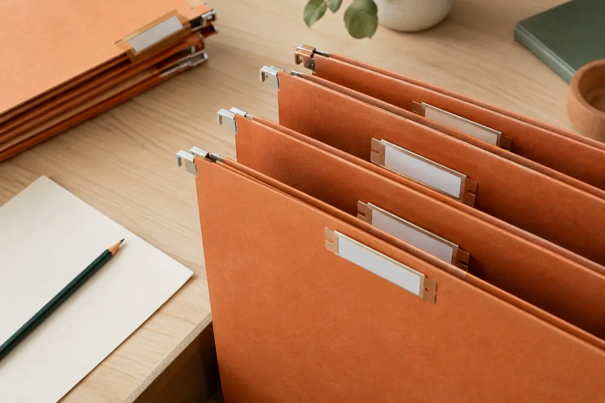 Dossiers suspendus orange en carton kraft avec tringles métalliques et porte-étiquettes intégrés