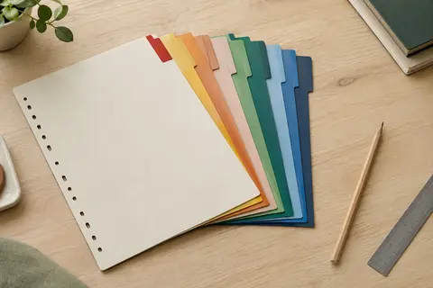 Intercalaires A4 en carton avec douze onglets multicolores posés sur une table en bois clair.
