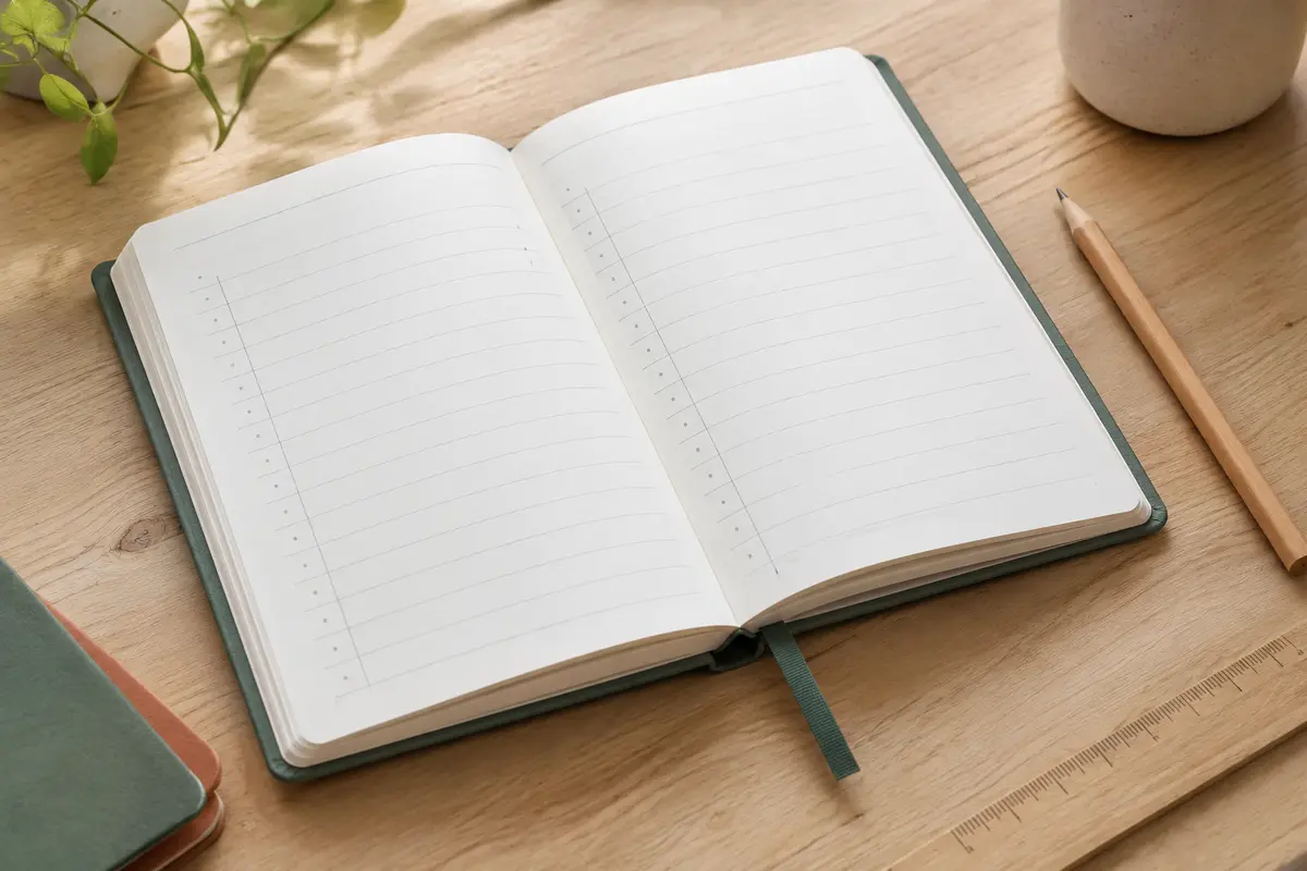 Agenda journalier à couverture rigide ouvert sur une page blanche, posé avec un crayon sur une table en bois clair.