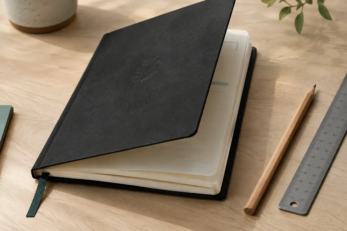 Agenda journalier à couverture noire douce, ouvert sur des pages ivoire à impression bleue.