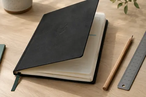 Agenda journalier à couverture noire douce, ouvert sur des pages ivoire à impression bleue.