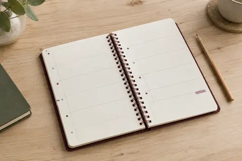 Agenda semainier à spirale ouvert sur du papier ivoire, avec couverture rigide et impression bordeaux et grise