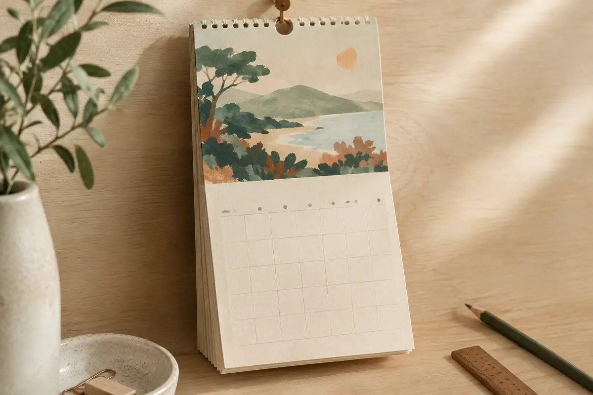Calendrier mensuel mural à feuillets détachables, suspendu dans une composition de papeterie claire