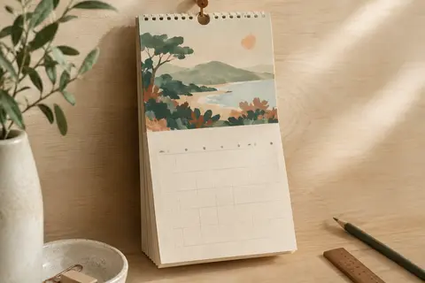 Calendrier mensuel mural à feuillets détachables, suspendu dans une composition de papeterie claire