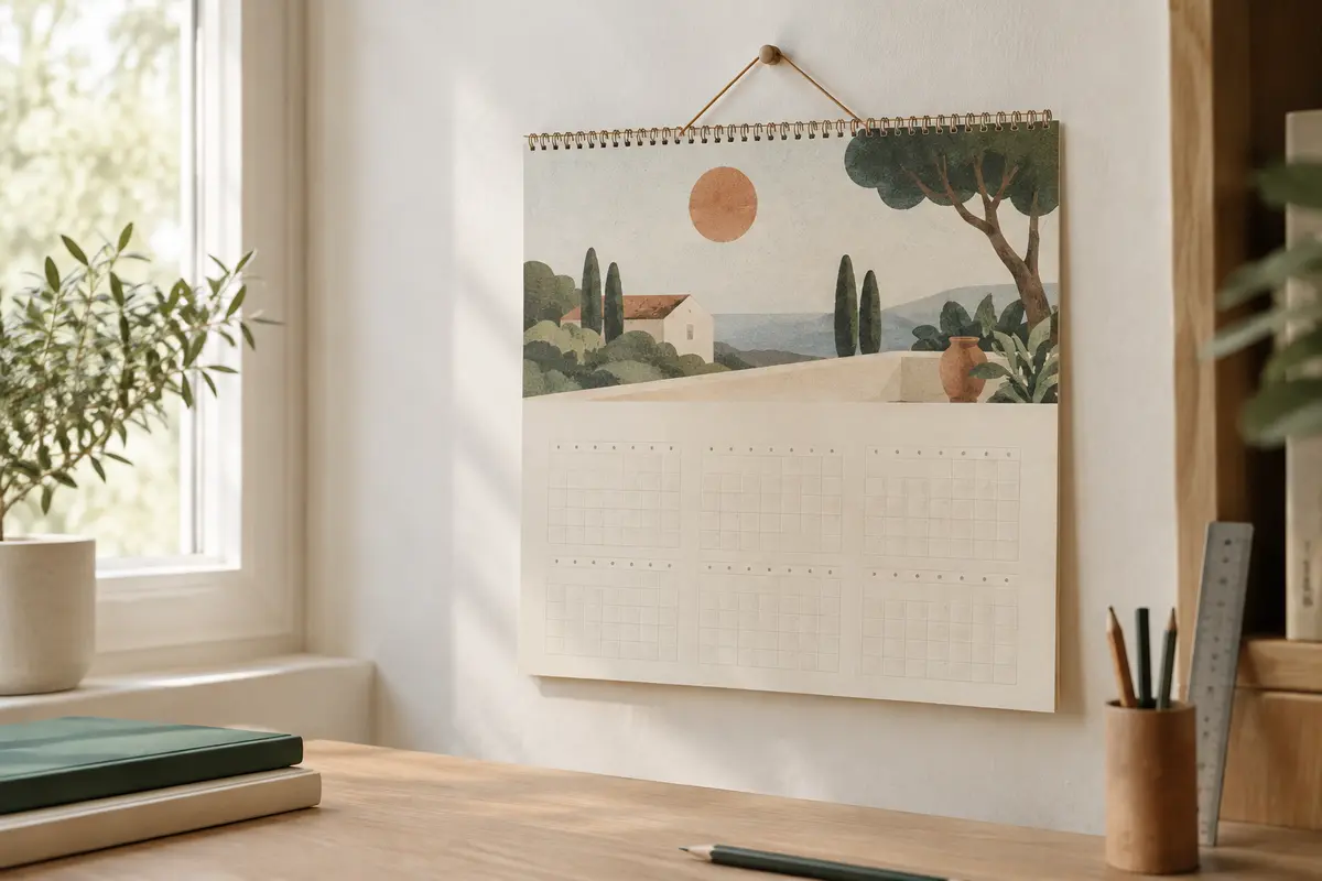 Calendrier mural semestriel Exacompta Mini Labo suspendu dans un espace de travail lumineux