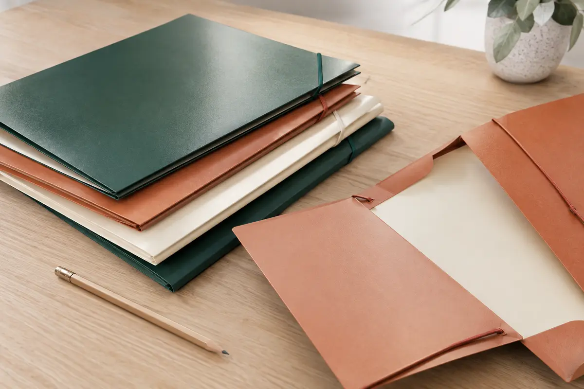 Lot de chemises cartonnées à élastiques et trois rabats, en couleurs assorties, posé sur une table en bois clair.