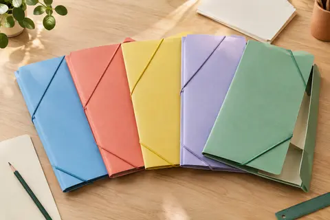 Cinq chemises à élastiques A4 pastel en carte rigide, avec rabats et étiquettes dorsales, sur une table claire.