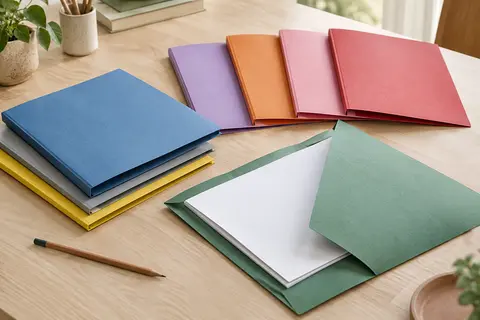 Chemises de classement A4 en carte recyclée, réunies en plusieurs teintes assorties sur une table claire.