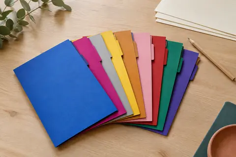 Chemises rigides en papier aux couleurs vives, réunies sur une table en bois clair avec des feuilles A4.