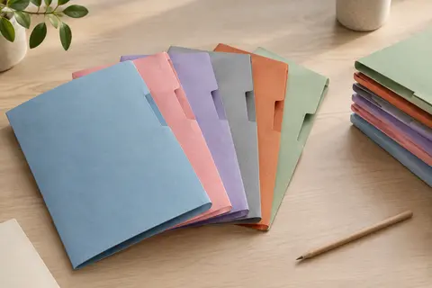 Chemises rigides en papier aux couleurs assorties, empilées sur une table en bois clair.