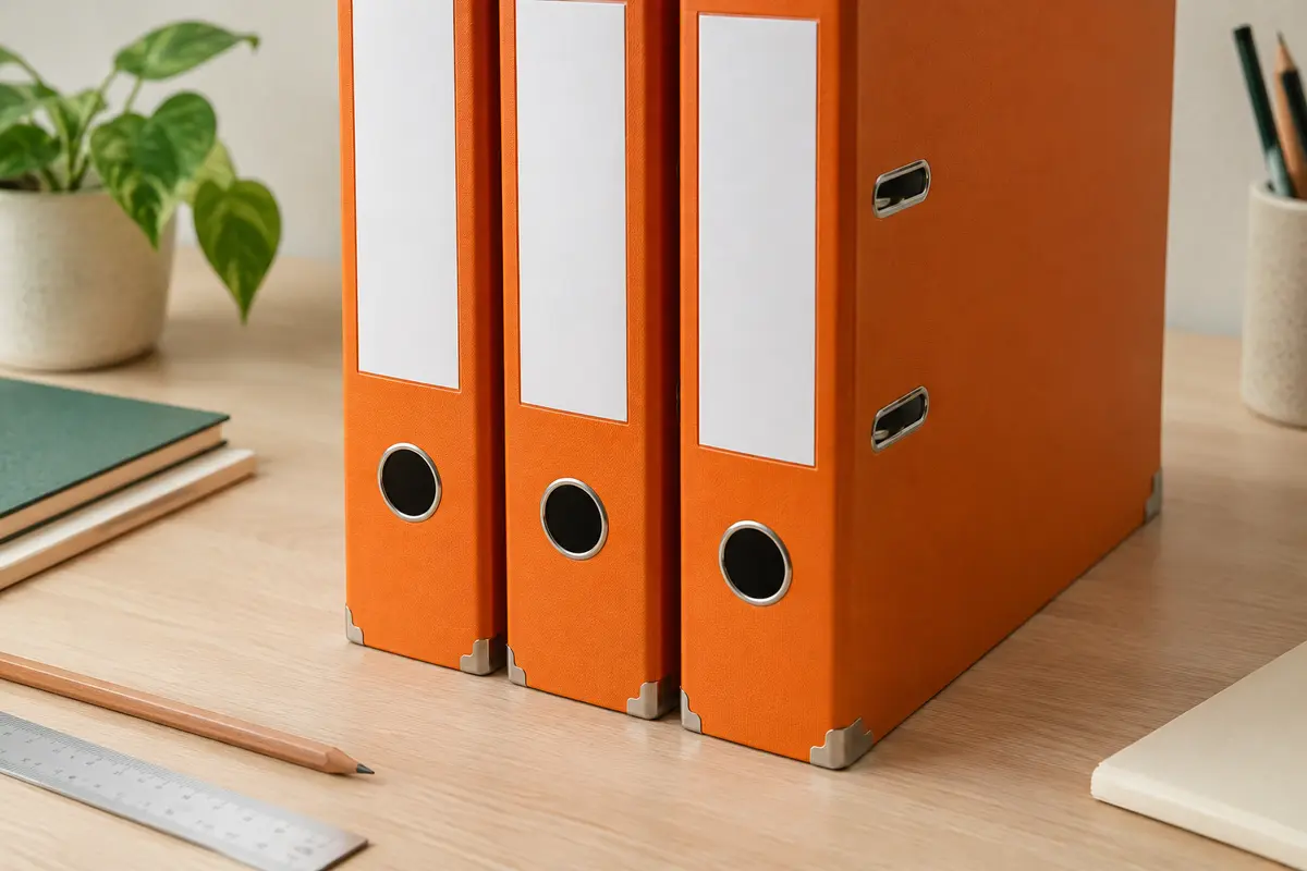Trois classeurs à levier orange avec porte-étiquettes, posés sur une table en bois clair.
