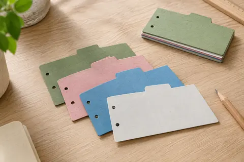 Fiches intercalaires trapézoïdales en carton recyclé, assorties en blanc, bleu, rose et vert