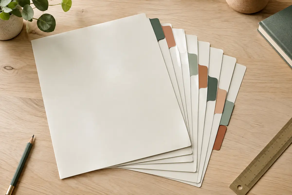 Intercalaires A4 en carte lustrée souple disposés en éventail, avec huit onglets colorés
