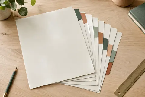Intercalaires A4 en carte lustrée souple disposés en éventail, avec huit onglets colorés