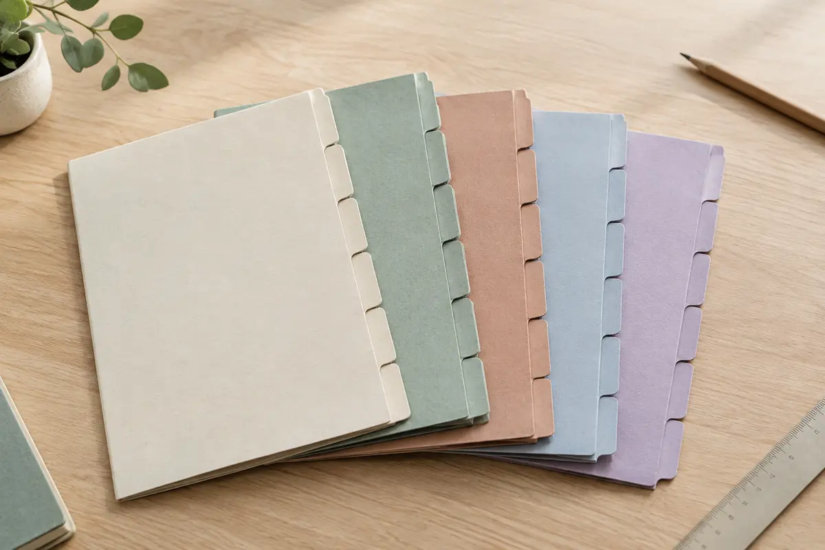 Jeux d’intercalaires en carte recyclée pastel avec six onglets neutres, posés sur une table en bois clair.
