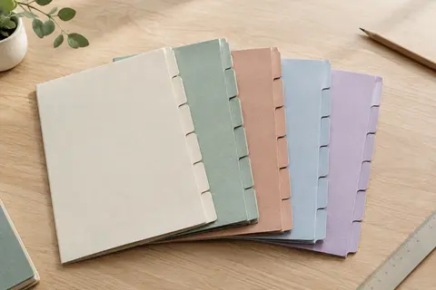 Jeux d’intercalaires en carte recyclée pastel avec six onglets neutres, posés sur une table en bois clair.