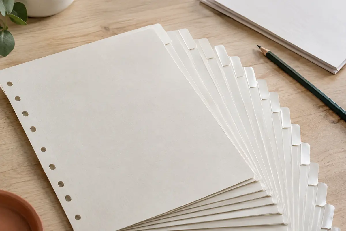Jeu d’intercalaires blancs à douze positions et onglets Mylar® posé sur une table en bois clair