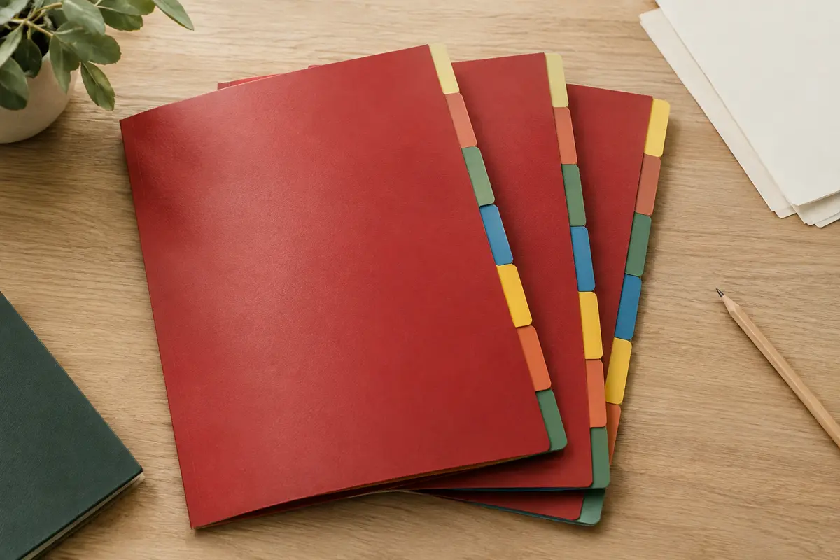 Trois jeux d’intercalaires rouges en carte lustrée souple, déployés sur une table en bois clair
