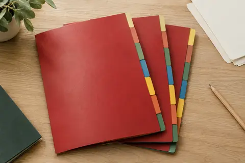 Trois jeux d’intercalaires rouges en carte lustrée souple, déployés sur une table en bois clair