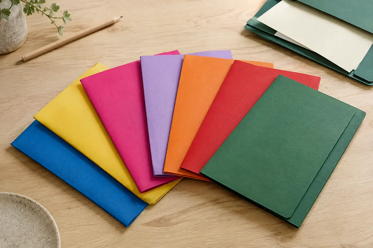 Sous-chemises en carton fin aux couleurs vives, disposées sur une table en bois clair.