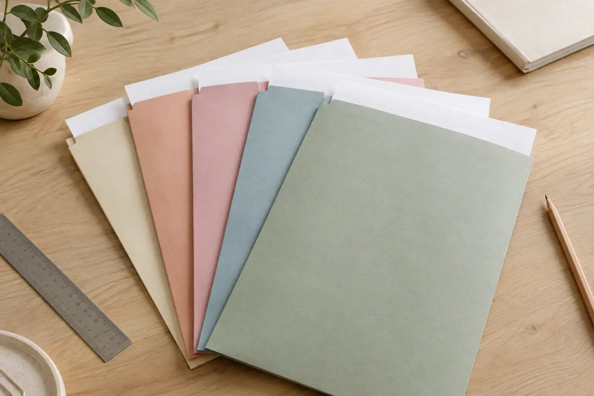 Sous-chemises pastel au format A4 disposées en éventail sur une table en bois clair