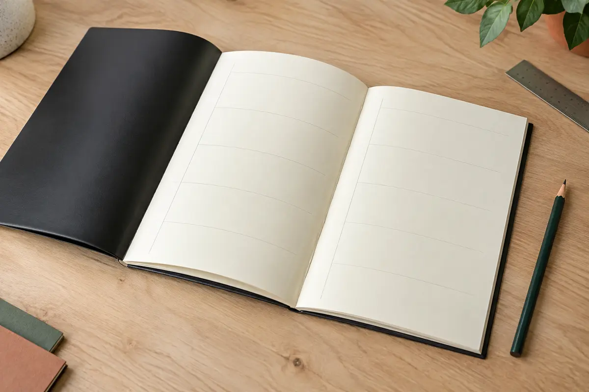Agenda semainier Exdi à couverture noire posé ouvert sur une table en bois clair, pages ivoire visibles