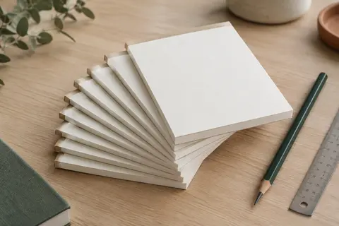 Dix blocs-notes blancs à feuilles vierges empilés sur une table en bois clair, avec un crayon et une règle.