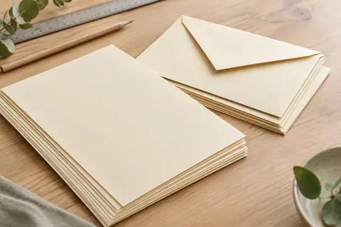 Feuilles de papier à lettres vanille et enveloppes C6 assorties posées sur une table en bois clair.