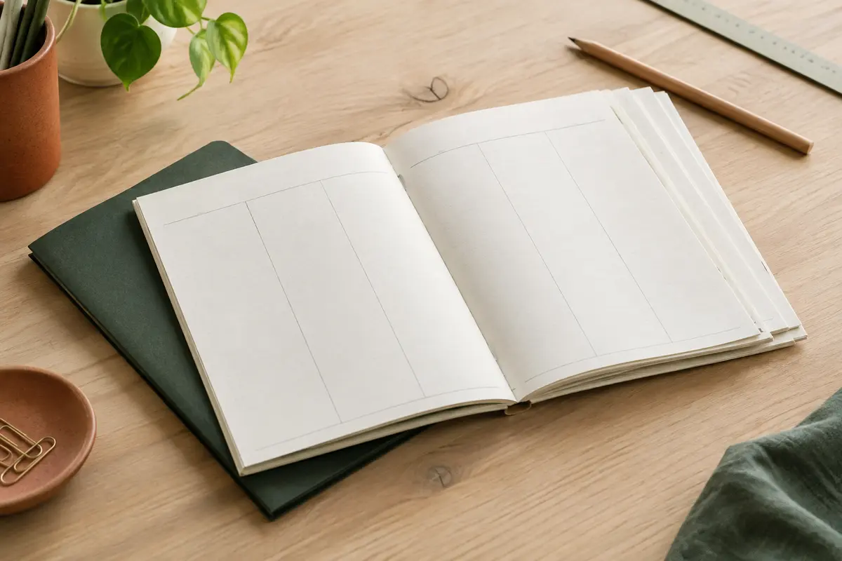 Semainier de bureau en papier ouvert sur une page vierge, posé sur une table en bois clair avec un crayon.