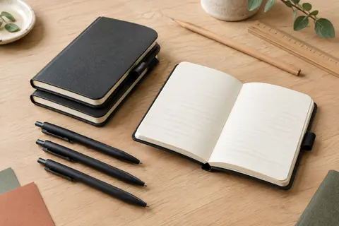 Trois carnets de poche noirs ouverts et fermés, avec pages lignées et stylos rétractables