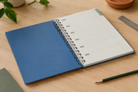 Agenda annuel bleu à spirale métallique, ouvert sur une vue hebdomadaire horizontale et posé sur une table claire.