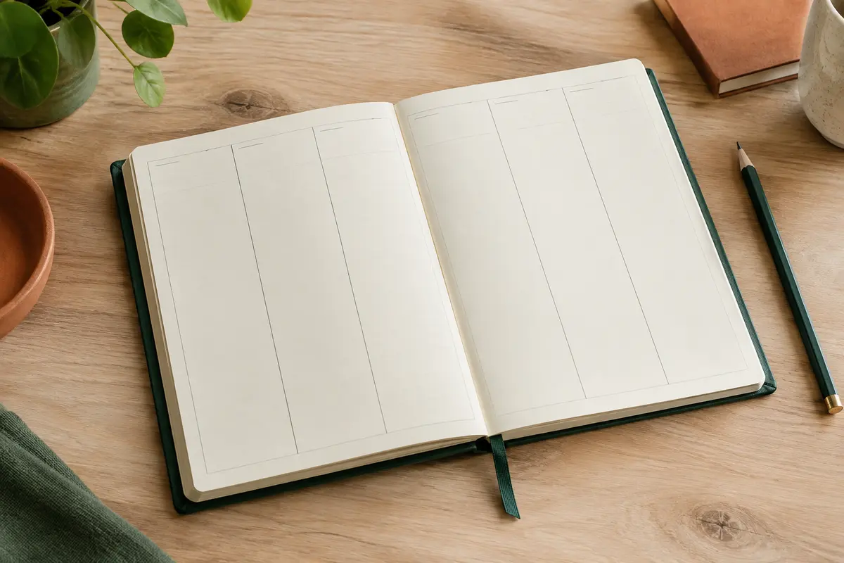 Agenda semainier ouvert sur une semaine verticale, posé sur une table en bois clair avec un crayon.