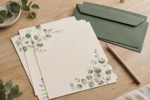 Feuilles A4 crème à motif eucalyptus recto verso et enveloppes DL vert eucalyptus assorties