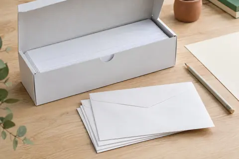 Enveloppes blanches C6 sans fenêtre rangées dans une boîte distributrice ouverte sur une table en bois clair