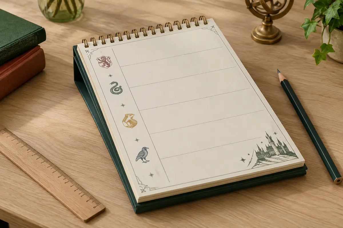 Bloc semainier A4 Harry Potter à feuilles détachables posé sur une table en bois clair.
