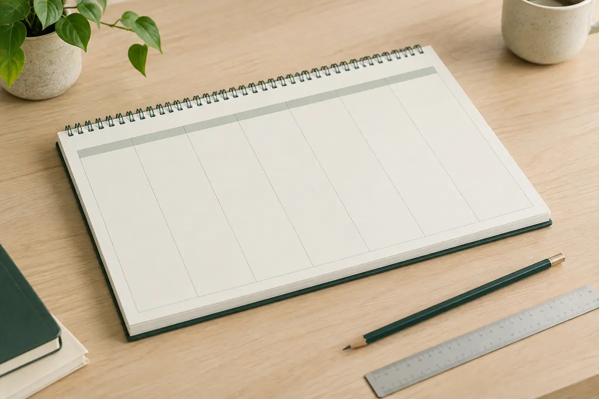 Bloc semainier papier blanc posé sur une table en bois clair, avec ses feuilles détachables et sa base rigide.