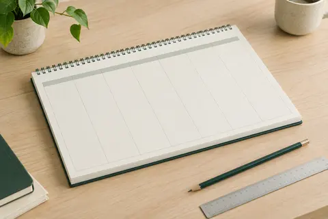 Bloc semainier papier blanc posé sur une table en bois clair, avec ses feuilles détachables et sa base rigide.