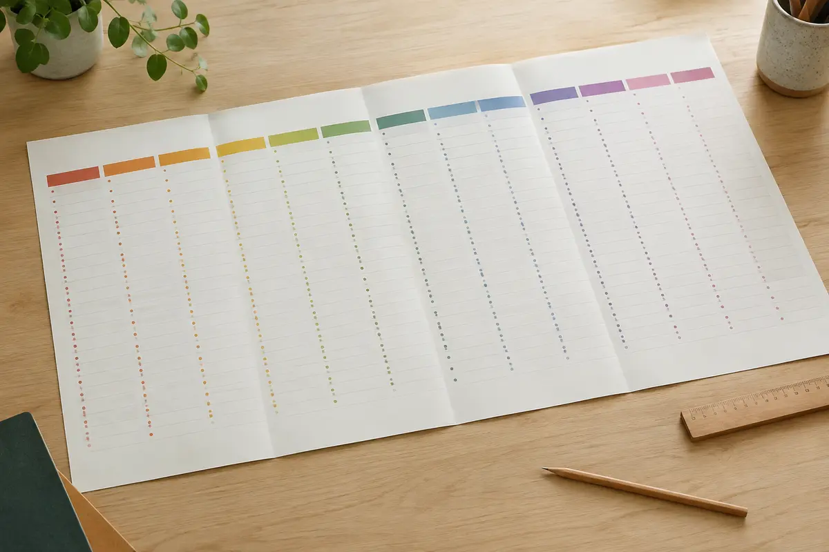Calendrier mural grand format déplié sur une table en bois clair, avec des mois colorés et un crayon.