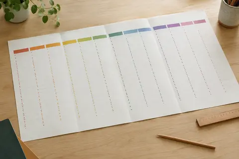 Calendrier mural grand format déplié sur une table en bois clair, avec des mois colorés et un crayon.