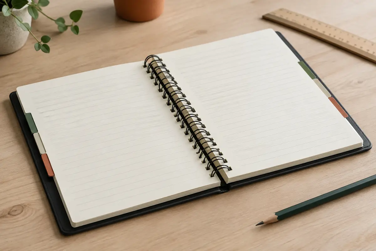 Cahier noir à spirale ouvert sur des pages organisées en sections colorées, posé sur une table en bois clair.