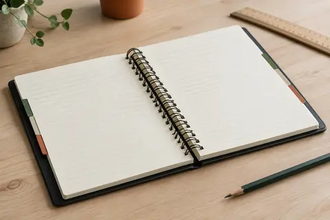 Cahier noir à spirale ouvert sur des pages organisées en sections colorées, posé sur une table en bois clair.