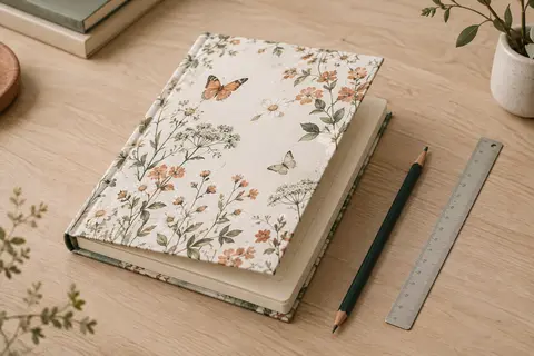 Agenda A5 à couverture fleurie entrouvert sur une table en bois clair, avec un crayon posé à côté